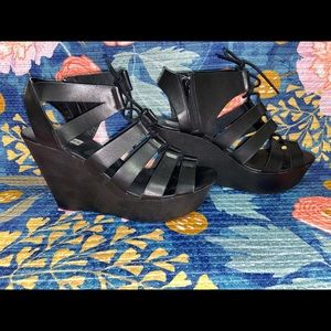 Black lace-up wedges